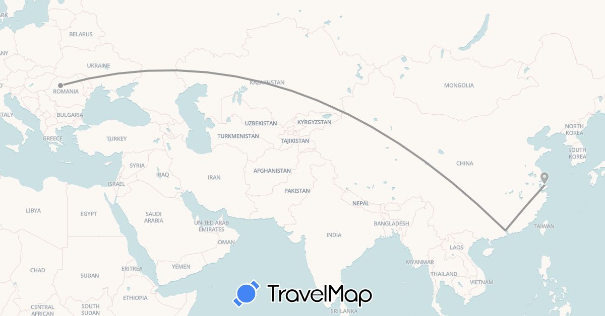 TravelMap itinerary: plane in China, Romania (Asia, Europe)